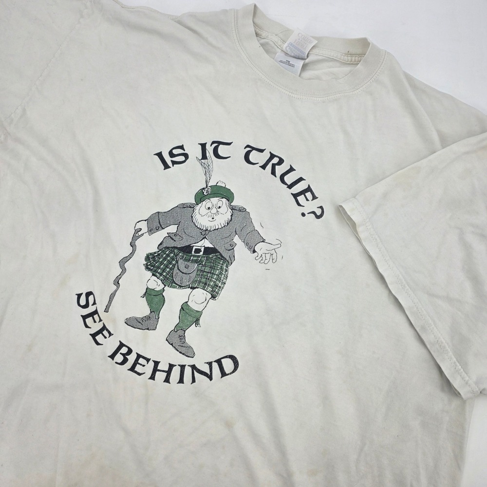 VINTAGE 90S SCOTLAND KILT GRAPHIC SHIRT MENS 2XL XXL FUNNY RARE BREAK THROUGH